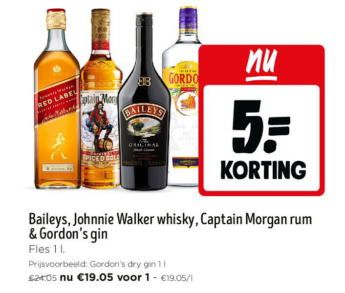 Baileys, Johnnie Walker whisky,Captain Morgan rum & Gordon's gin