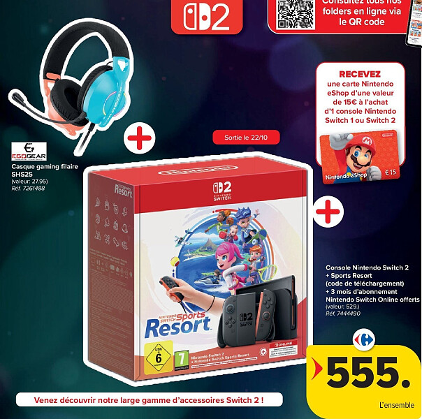 Casque gaming filaire SHS25 + Console Nintendo Switch 2 + Sports Resort (code de téléchargement) + 3 mois d’abonnement Nintendo Switch Online offerts