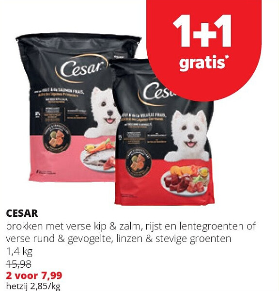 CESAR brokken met verse kip & zalm, rijst en lentegroenten of verse rund & gevogelte, linzen & stevige groenten 1,4 kg
