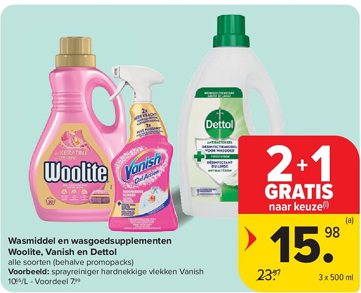 Wasmiddel en wasgoedsupplementen Woolite, Vanish en Dettol