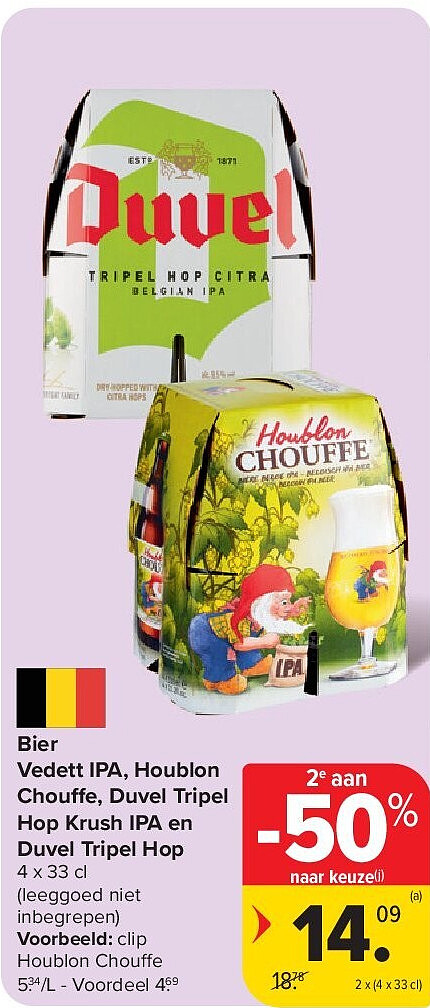 Bier Vedett IPA, Houblon Chouffe, Duvel Tripel Hop Krush IPA en Duvel Tripel Hop