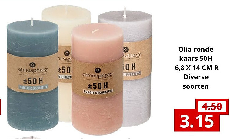 Olia ronde kaars 50H 6,8 X 14 CM R Diverse soorten