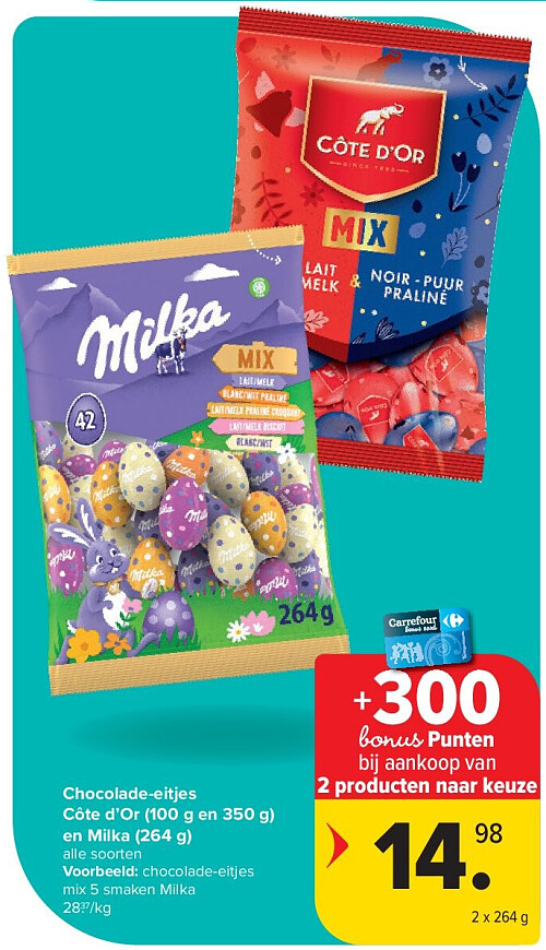 Chocolade-eitjes Côte d’Or (100 g en 350 g) en Milka (264 g)