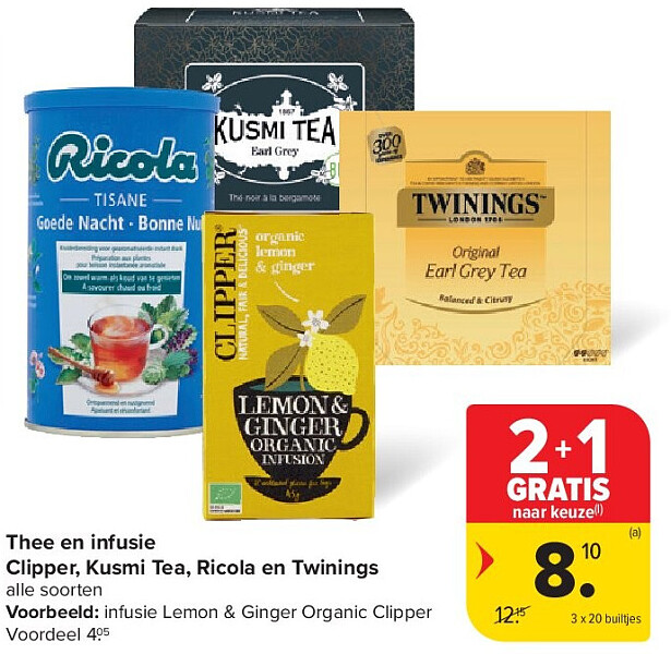 Thee en infusie Clipper, Kusmi Tea, Ricola en Twinings