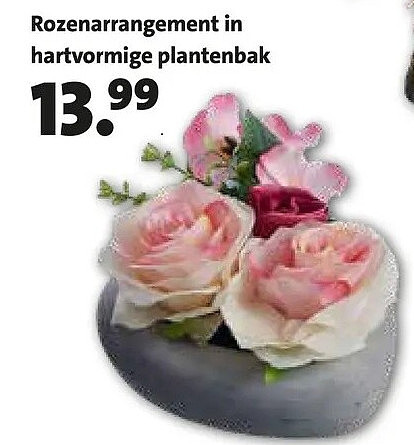 Rozenarrangement in hartvormige plantenbak