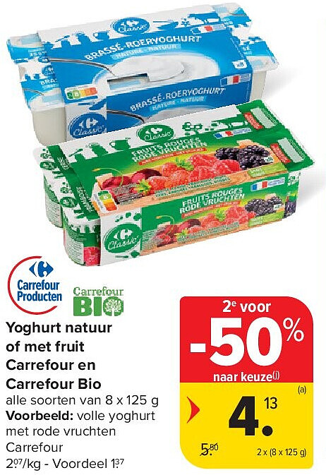 Yoghurt natuur of met fruit Carrefour en Carrefour Bio