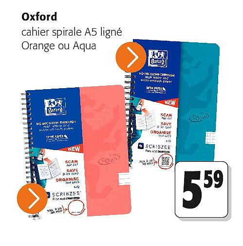 Oxford cahier spirale A5 ligné Orange ou Aqua