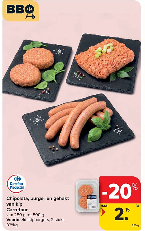 Chipolata, burger en gehakt van kip Carrefour