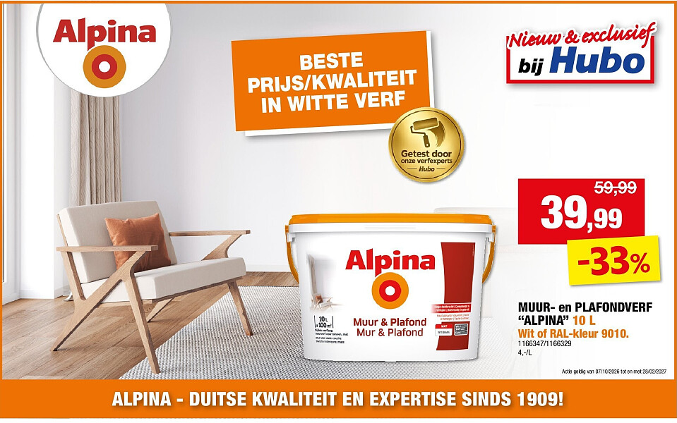 MUUR- en PLAFONDVERF “ALPINA” 10 L Wit of RAL-kleur 9010.