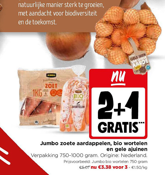 Jumbo zoete aardappelen, bio wortelen en gele ajuinen