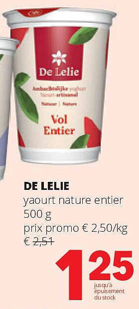 DE LELIE yaourt nature entier 500 g