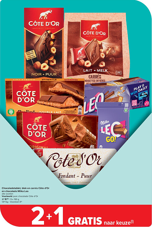 Chocoladetablet, blok en carrés Côte d’Or en chocolade Milka Leo