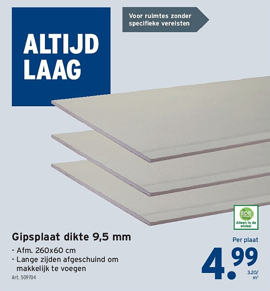 Gipsplaat dikte 9,5 mm