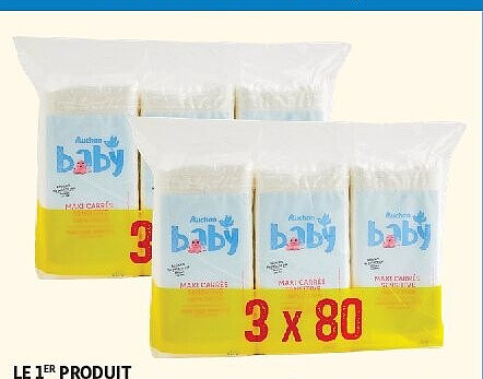 Maxi carrés Sensitive Auchan Baby, lot de 3 x 80