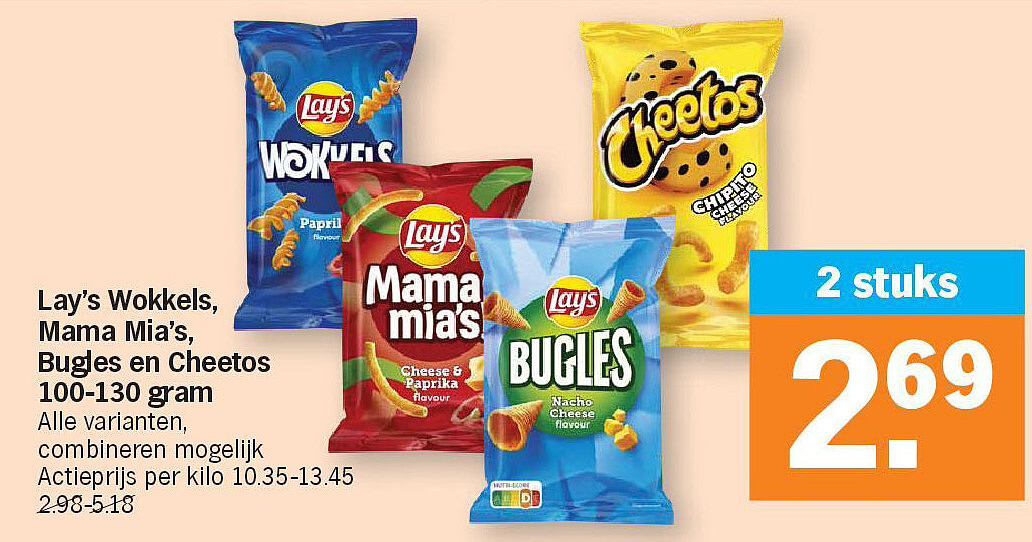 Lay’s Wokkels, Mama Mia’s, Bugles en Cheetos 100-130 gram