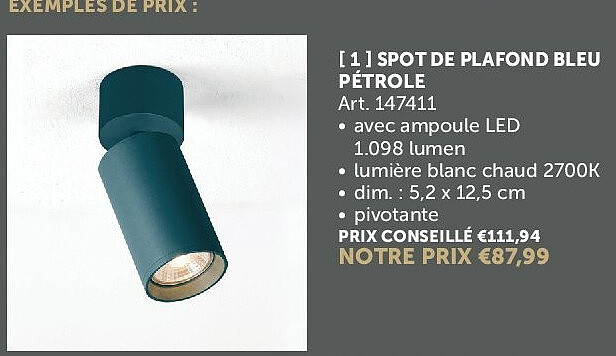 SPOT DE PLAFOND BLEU PÉTROLE