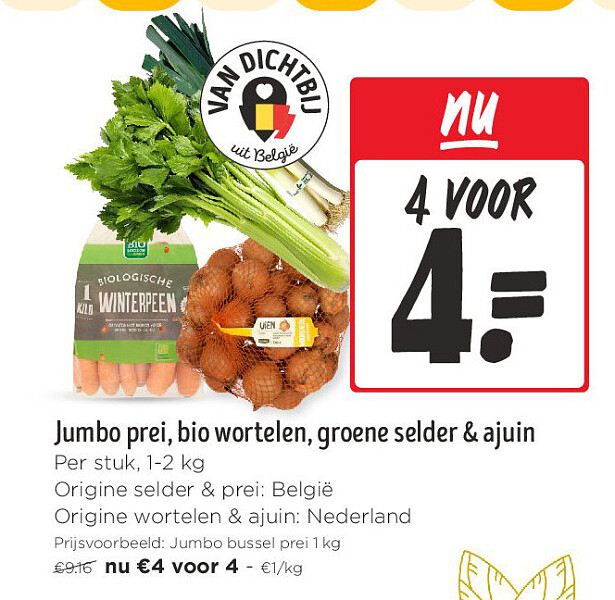 Jumbo prei, bio wortelen, groene selder & ajuin