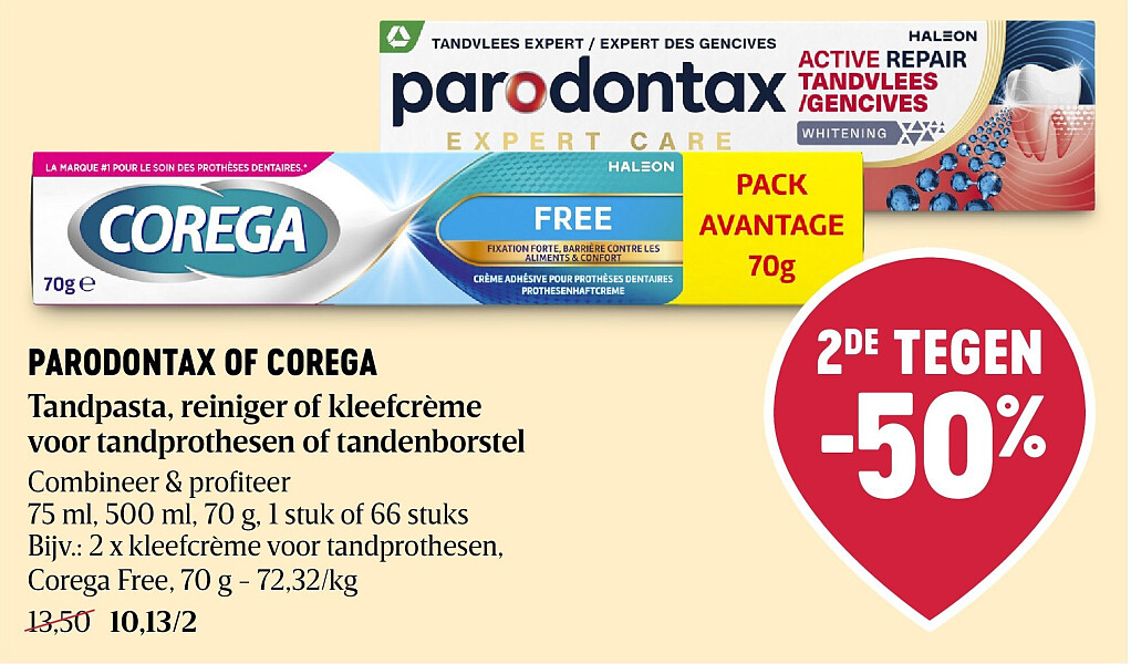 PARODONTAX OF COREGA Tandpasta, reiniger of kleefcrème voor tandprothesen of tandenborstel