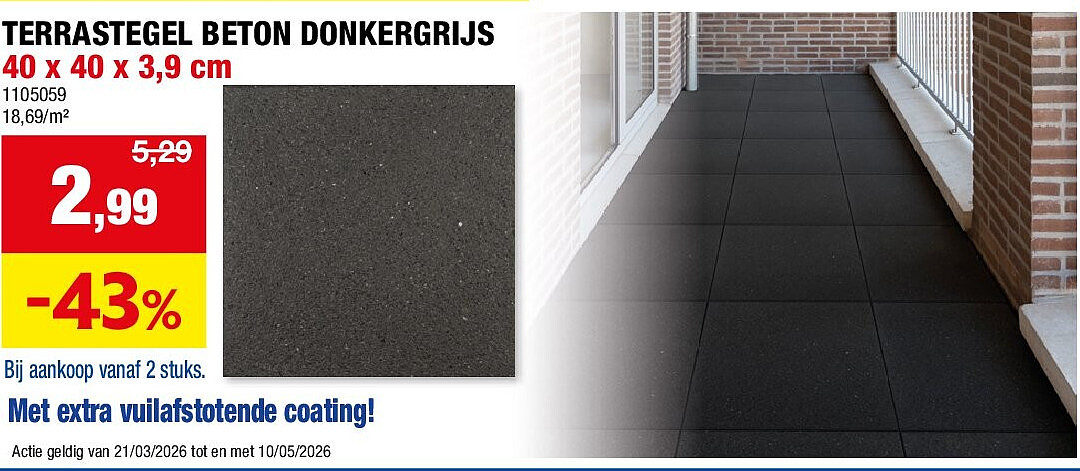 TERRASTEGEL BETON DONKERGRIJS 40 x 40 x 3,9 cm