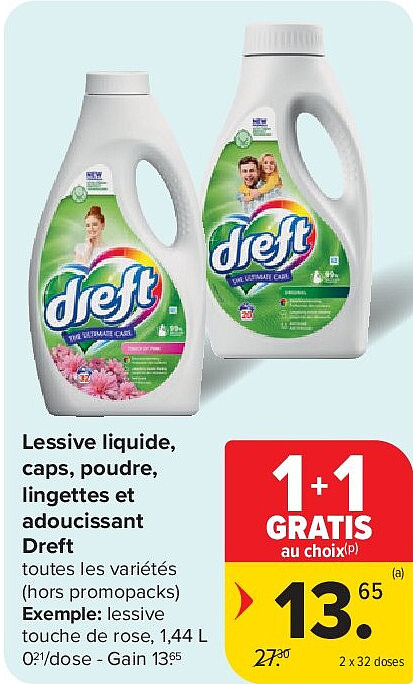 Lessive liquide, caps, poudre, lingettes et adoucissant Dreft 2 x 32 doses