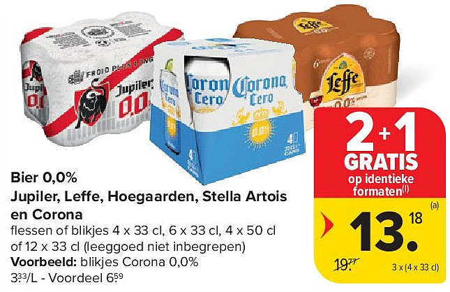 Bier 0,0% Jupiler, Leffe, Hoegaarden, Stella Artois en Corona
