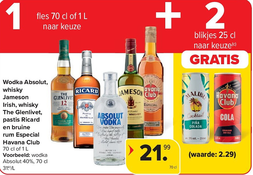 Wodka Absolut, whisky Jameson Irish, whisky The Glenlivet, pastis Ricard en bruine rum Especial Havana Club