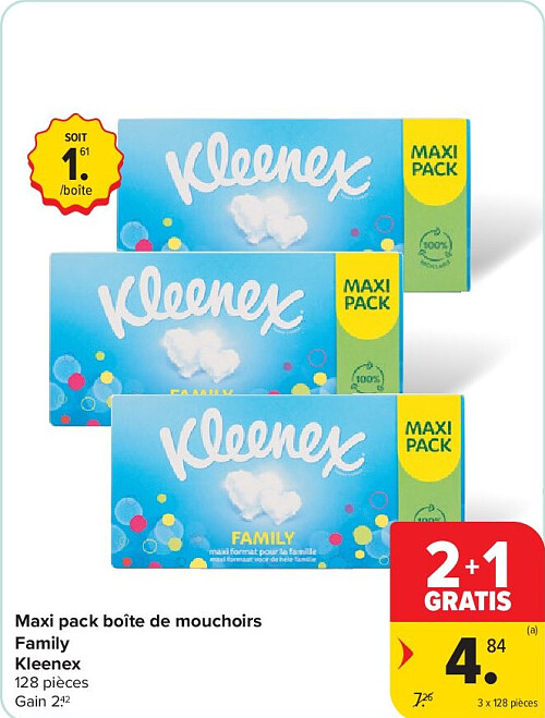 Maxi pack boîte de mouchoirs Family Kleenex 3 x 128 pièces