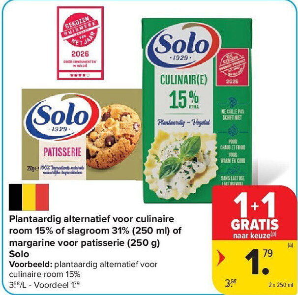 Plantaardig alternatief voor culinaire room 15% of slagroom 31% (250 ml) of margarine voor patisserie (250 g) Solo