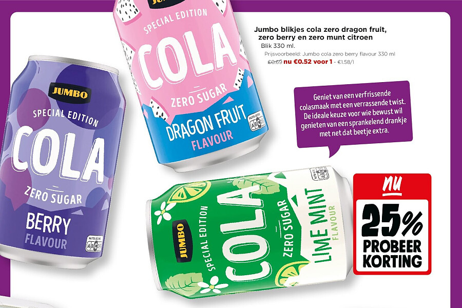 Jumbo blikjes cola zero dragon fruit, zero berry en zero munt citroen