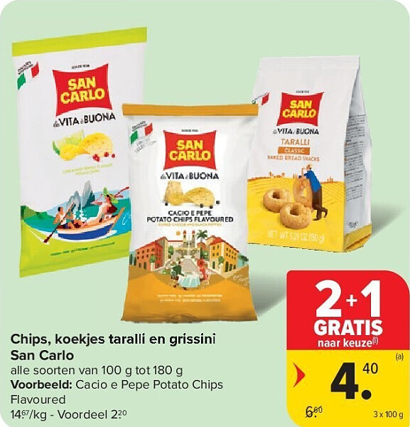 Chips, koekjes taralli en grissini San Carlo