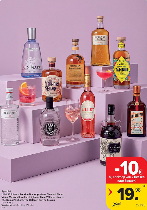 Aperitief Lillet, Cointreau, London Dry, Angostura, Clément Rhum Vieux, Monkey Shoulder, Highland Park, Wilderen, Mare, The Demon’s Share, The Botanist en The Kraken