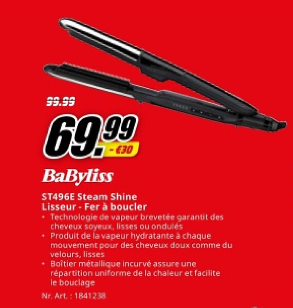 BaByliss ST496E Steam Shine Lisseur - Fer à boucler