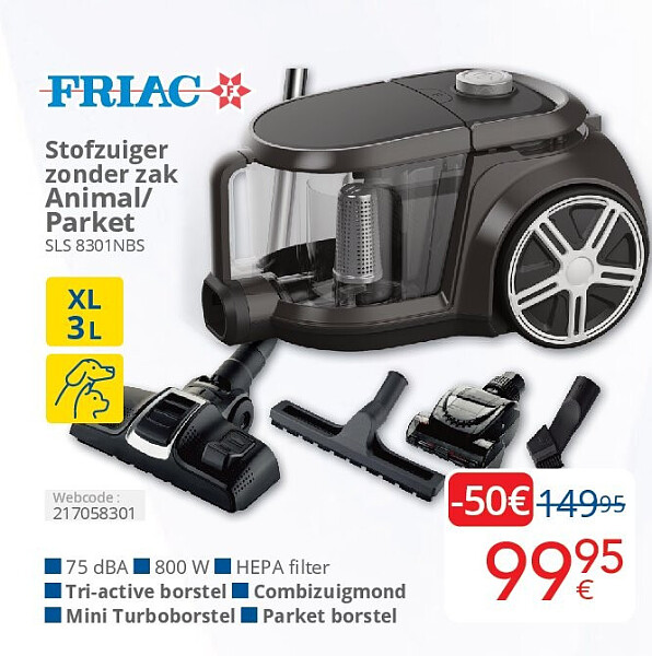 Friac Stofzuiger zonder zak Animal/ Parket SLS 8301NBS