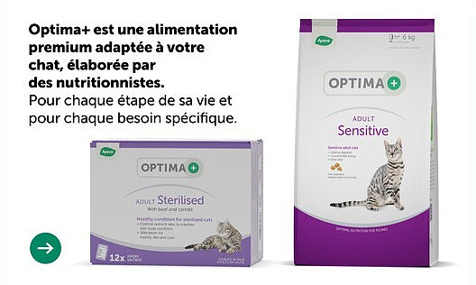 Optima+ est une alimentation premium adaptée à votre chat, élaborée par des nutritionnistes