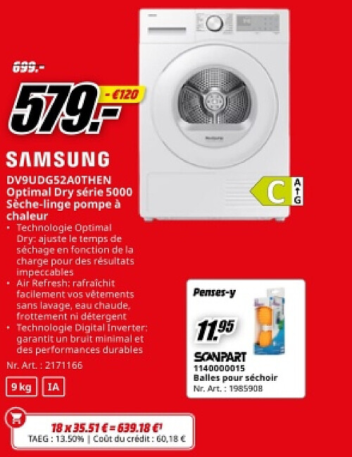 SAMSUNG A DV9UDG52A0THEN Optimal Dry série 5000 Sèche-linge pompe à chaleur