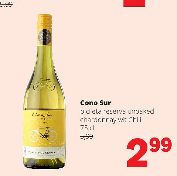 Cono Sur bicileta reserva unoaked chardonnay wit Chili 75 cl