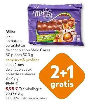 Milka bâtons de chocolat aux noisettes entières 3x45 g