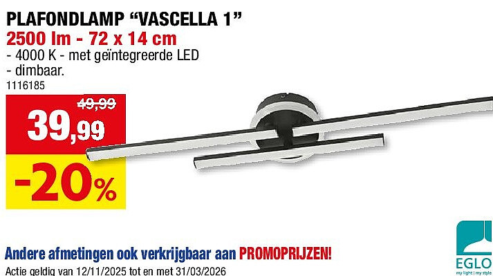 PLAFONDLAMP “VASCELLA 1” 2500 lm - 72 x 14 cm