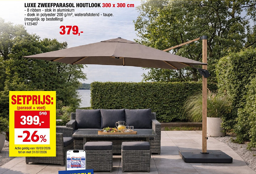 LUXE ZWEEFPARASOL HOUTLOOK 300 x 300 cm