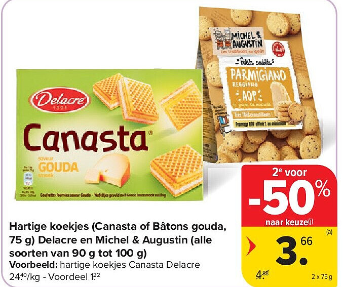 Hartige koekjes (Canasta of Bâtons gouda, 75 g) Delacre en Michel & Augustin (alle soorten van 90 g tot 100 g)