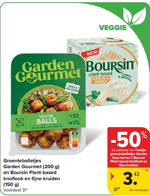 Groenteballetjes Garden Gourmet (200 g) en Boursin Plant-based knofl ook en fi jne kruiden (150 g)