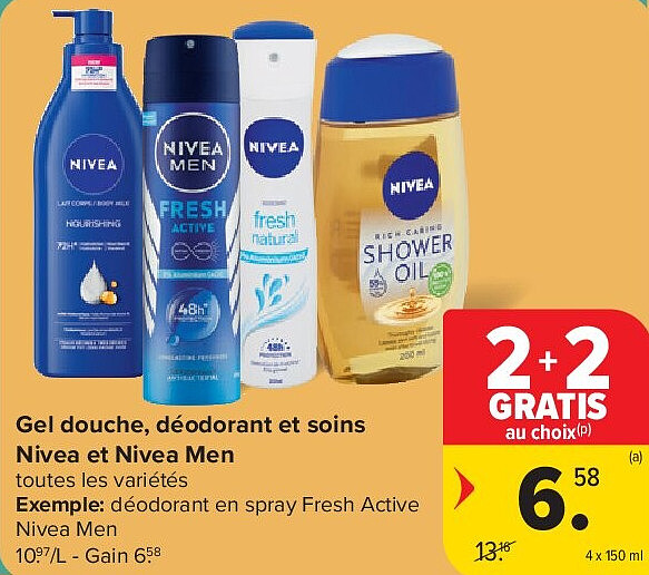 Gel douche, déodorant et soins Nivea et Nivea Men 4 x 150 ml