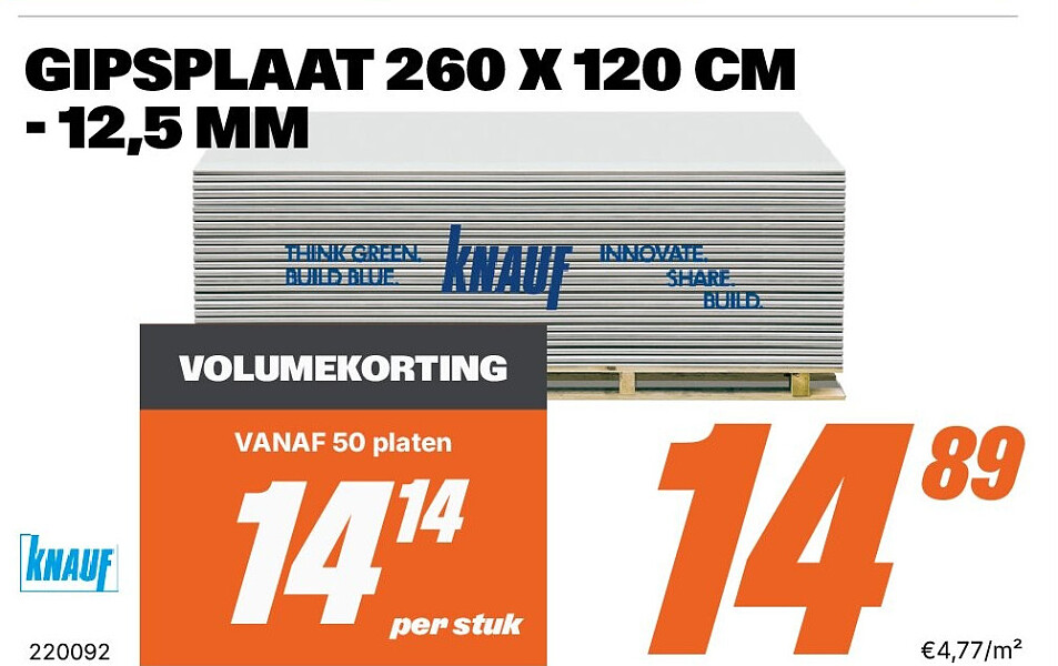 GIPSPLAAT 260 X 120 CM - 12,5 MM