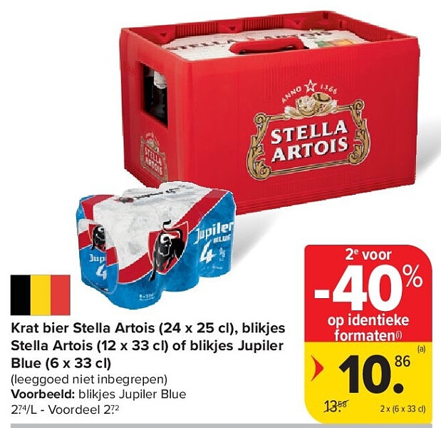 Krat bier Stella Artois (24 x 25 cl), blikjes Stella Artois (12 x 33 cl) of blikjes Jupiler Blue (6 x 33 cl)