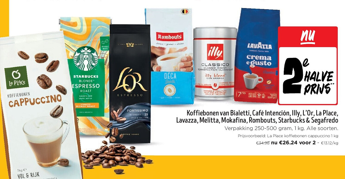 Koffiebonen van Bialetti, Café Intención, Illy, L’Or, La Place, Lavazza, Melitta, Mokafina, Rombouts, Starbucks & Segafredo