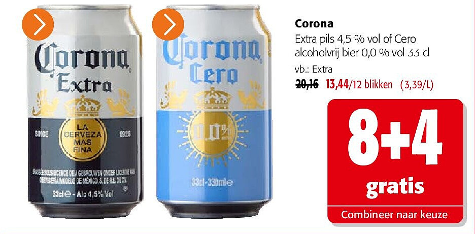 Corona Extra pils 4,5 % vol of Cero alcoholvrij bier 0,0 % vol 33 cl