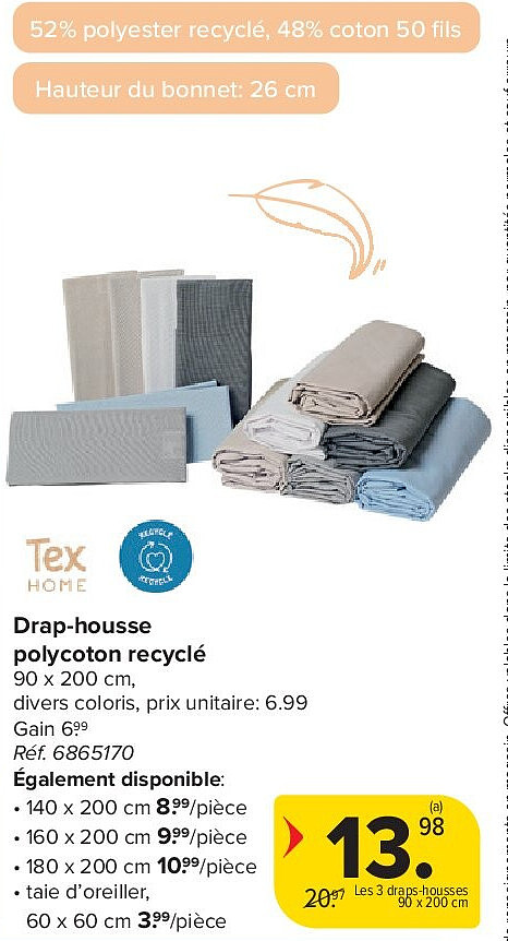 Drap-housse polycoton recyclé 90 x 200 cm