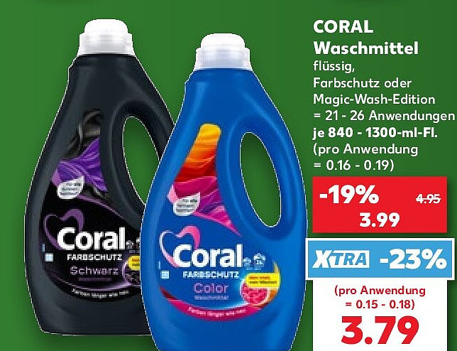 CORAL Waschmittel flüssig, Farbschutz oder Magic-Wash-Edition = 21 - 26 Anwendungen je 840 - 1300-ml-Fl. (pro Anwendung = 0.16 - 0.19)