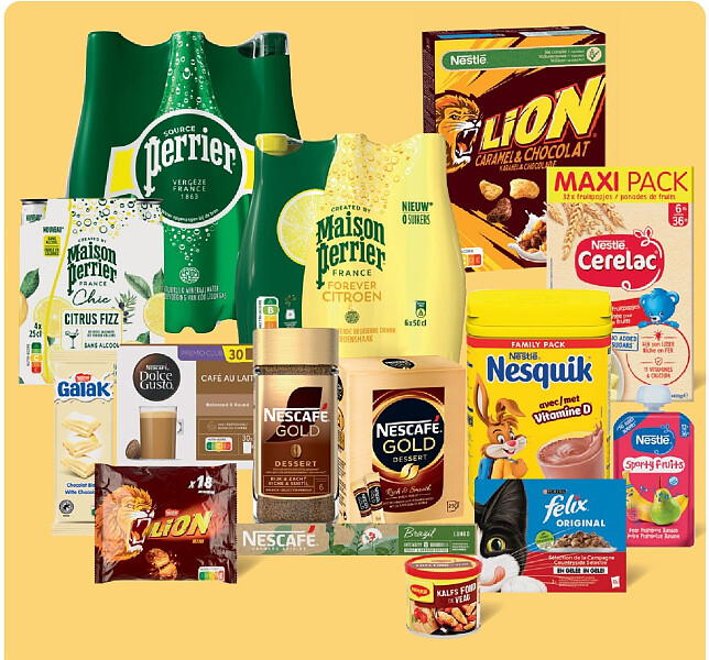 naar keuze van het merk Nestlé (Nescafé, Maggi, Ricoré, Nesquik, Felix, Galak, Lion, Chocapic, Nestlé Baby, Perrier en Maison Perrier) (behalve NAN Optipro melkpoeder)