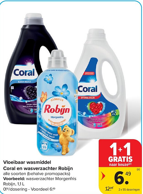 Vloeibaar wasmiddel Coral en wasverzachter Robijn